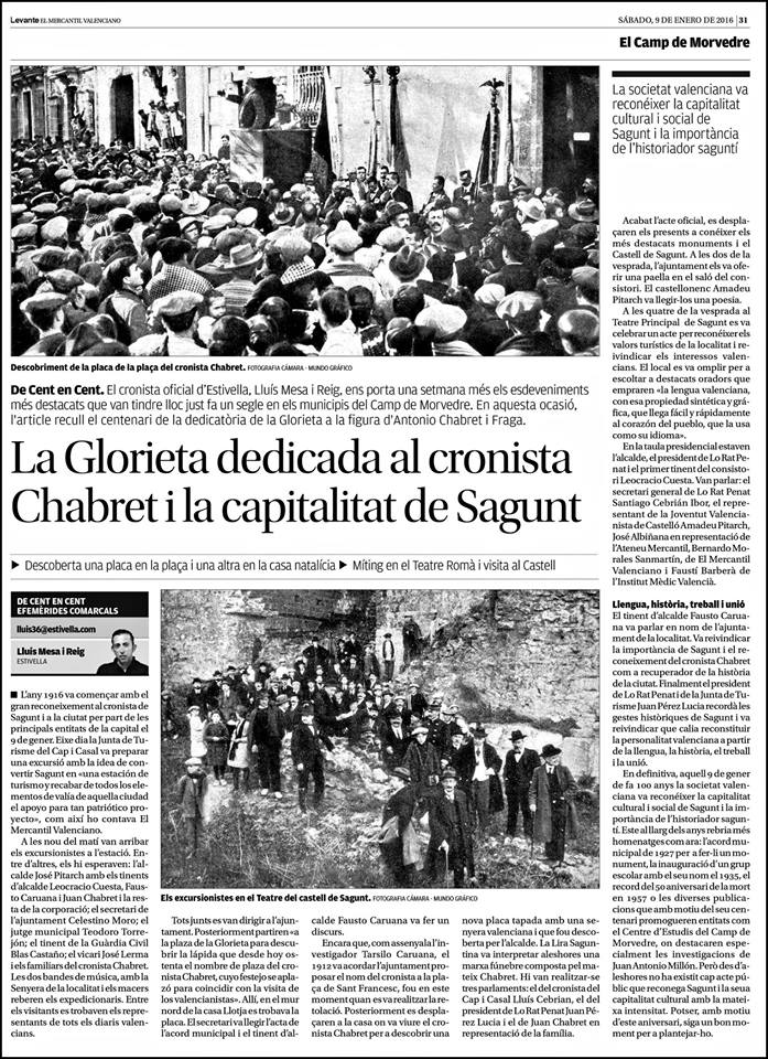 LA GLORIETA DEDICADA AL CRONISTA CHABRET I LA CAPITALITAT DE SAGUNT