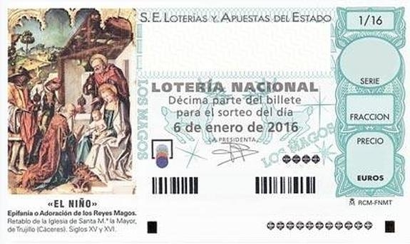 UN RETABLO DE TRUJILLO, IMAGEN EN LOS DÉCIMOS DEL SORTEO DE ‘EL NIÑO’ • ESTÁN ILUSTRADOS CON LA IMAGEN DE LA EPIFANÍA O ADORACIÓN DE LOS REYES MAGOS PERTENECIENTE AL RETABLO DE LA IGLESIA DE SANTA MARÍA LA MAYOR