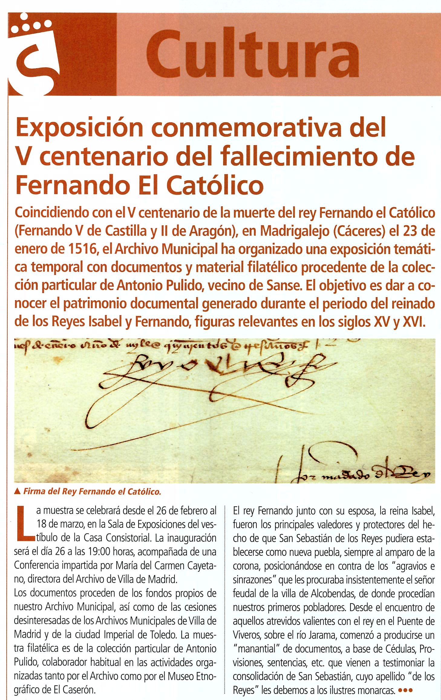 EXPOSICIÓN DOCUMENTAL Y FILATÉLICA  CONMEMORATIVA DEL V CENTENARIO DEL FALLECIMIENTO DEL REY DON FERNANDO EL CATÓLICO.