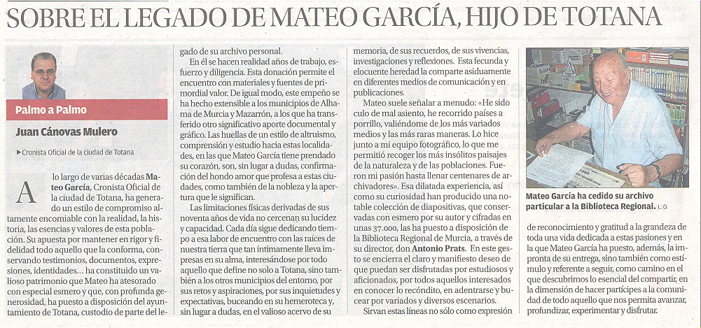 SOBRE EL LEGADO DE MATEO GARCÍA, HIJO DE TOTANA