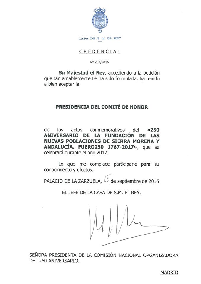 FUERO 250 • S.M. EL REY FELIPE VI, ACEPTA DE LA PRESIDENCIA DE LA COMISIÓN DE HONOR, ASÍ COMO LA CREDENCIAL CORRESPONDIENTE