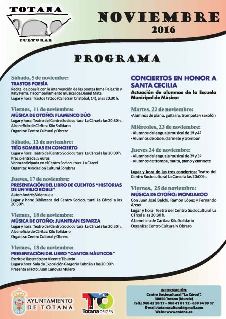 EL PROGRAMA «TOTANA CULTURAL» AGLUTINA DURANTE EL MES DE NOVIEMBRE CONCIERTOS, PRESENTACIÓN DE LIBROS Y ACTUACIONES DE LOS ALUMNOS DE LA ESCUELA MUNICIPAL DE MÚSICA