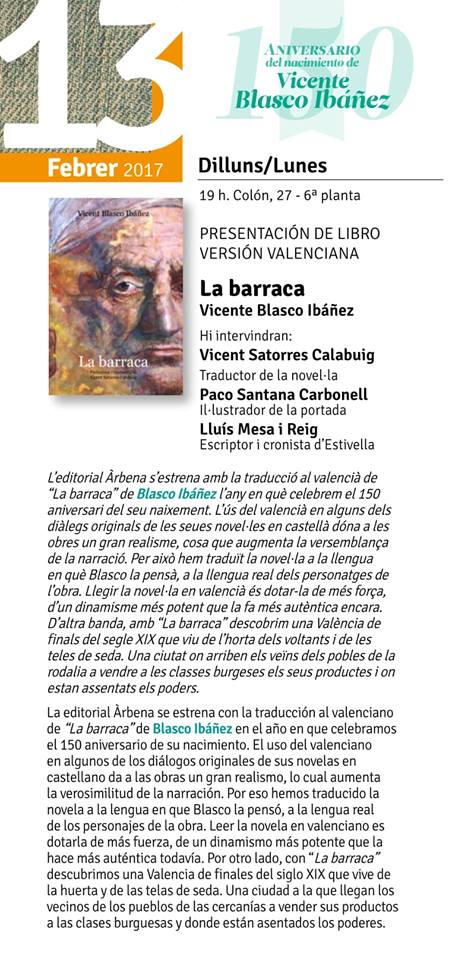 PRESENTACIÓN DEL LIBRO VERSIÓN VALENCIANA ‘LA BARRACA’ DE VICENTE BLASCO IBÁÑEZ