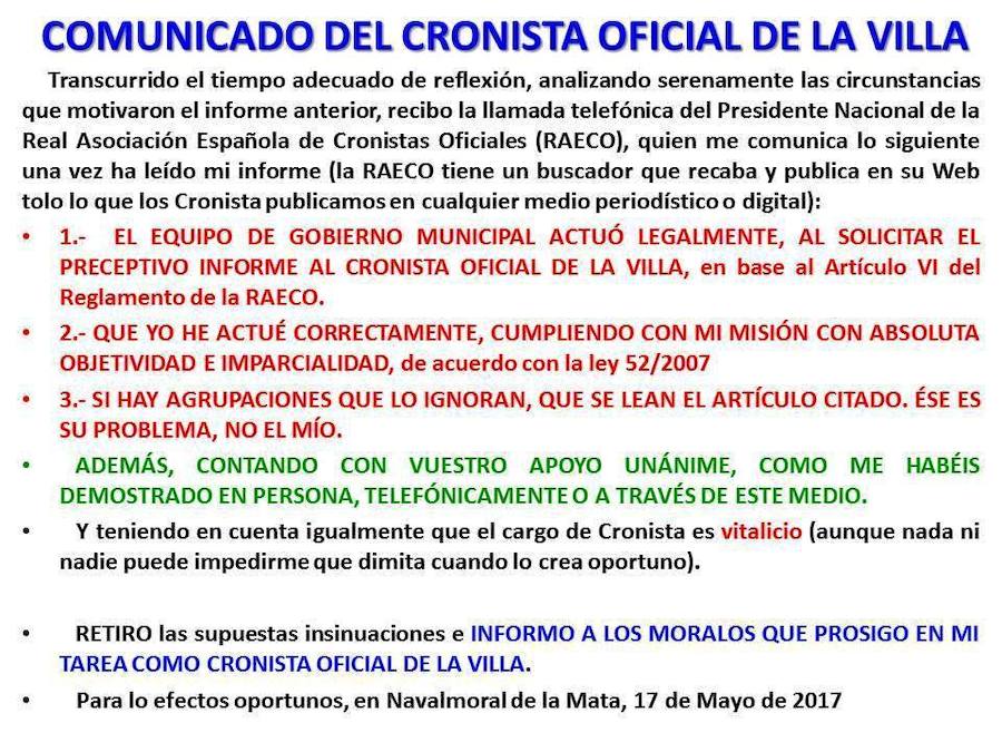 DOMINGO QUIJADA DECIDE CONTINUAR COMO CRONISTA OFICIAL DE NAVALMORAL DE LA MATA (CÁCERES)