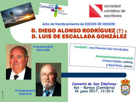 DIEGO ALONSO Y LUIS DE ESCALLADA, SOCIOS DE HONOR DE LA SOCIEDAD CÁNTABRA DE ESCRITORES