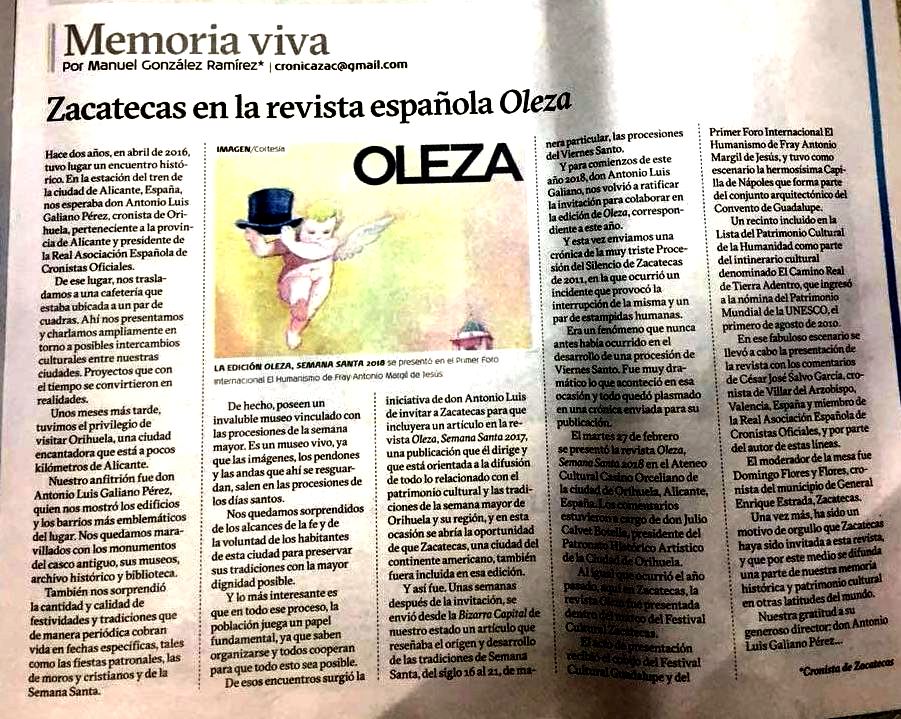 ZACATECAS EN LA REVISTA ESPAÑOLA OLEZA. MEMORIA VIVA