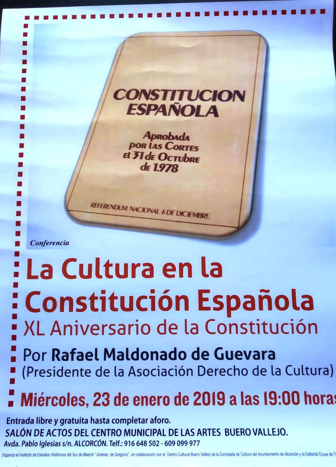 EL INSTITUTO DE ESTUDIOS HISTÓRICOS DEL SUR DE MADRID “JIMÉNEZ DE GREGORIO” REINICIA SU CICLO ANUAL DE CONFERENCIAS, EL PRÓXIMO DIA 23 DE ENERO CON “LA CULTURA EN LA CONSTITICIÓN ESPAÑOLA”  EN EL XL ANIVERSARIO DE LA APROBACIÓN DE LA CARTA MAGNA ESPAÑOLA DE 1978