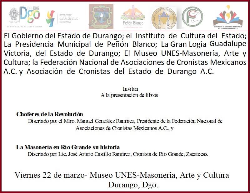 PRESENTACIÓN DE LIBROS EN EL ‘MUSEO UNES-MASONERÍA, ARTE Y CULTURA’ DE DURANGO, MÉXICO