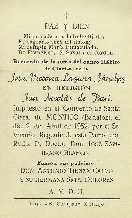 HA FALLECIDO SOR SAN NICOLÁS DE BARI, RELIGIOSA CLARISA (MAGACELA 1928 – MONTIJO 2019)