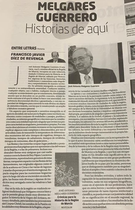 COMENTARIO EN ‘LA OPINIÓN’ SOBRE EL LIBRO DE JOSÉ ANTONIO MELGARES, CRONISTA OFICIAL DE LA REGIÓN DE MURCIA Y CARAVACA