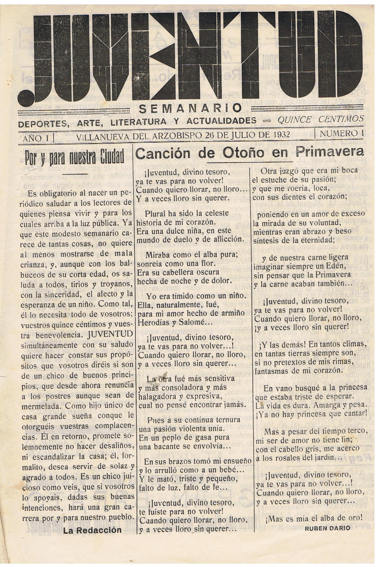 INQUIETUD CULTURAL EN VILLANUEVA DEL ARZOBISPO, EL PERIODICO “JUVENTUD”, EN 1932