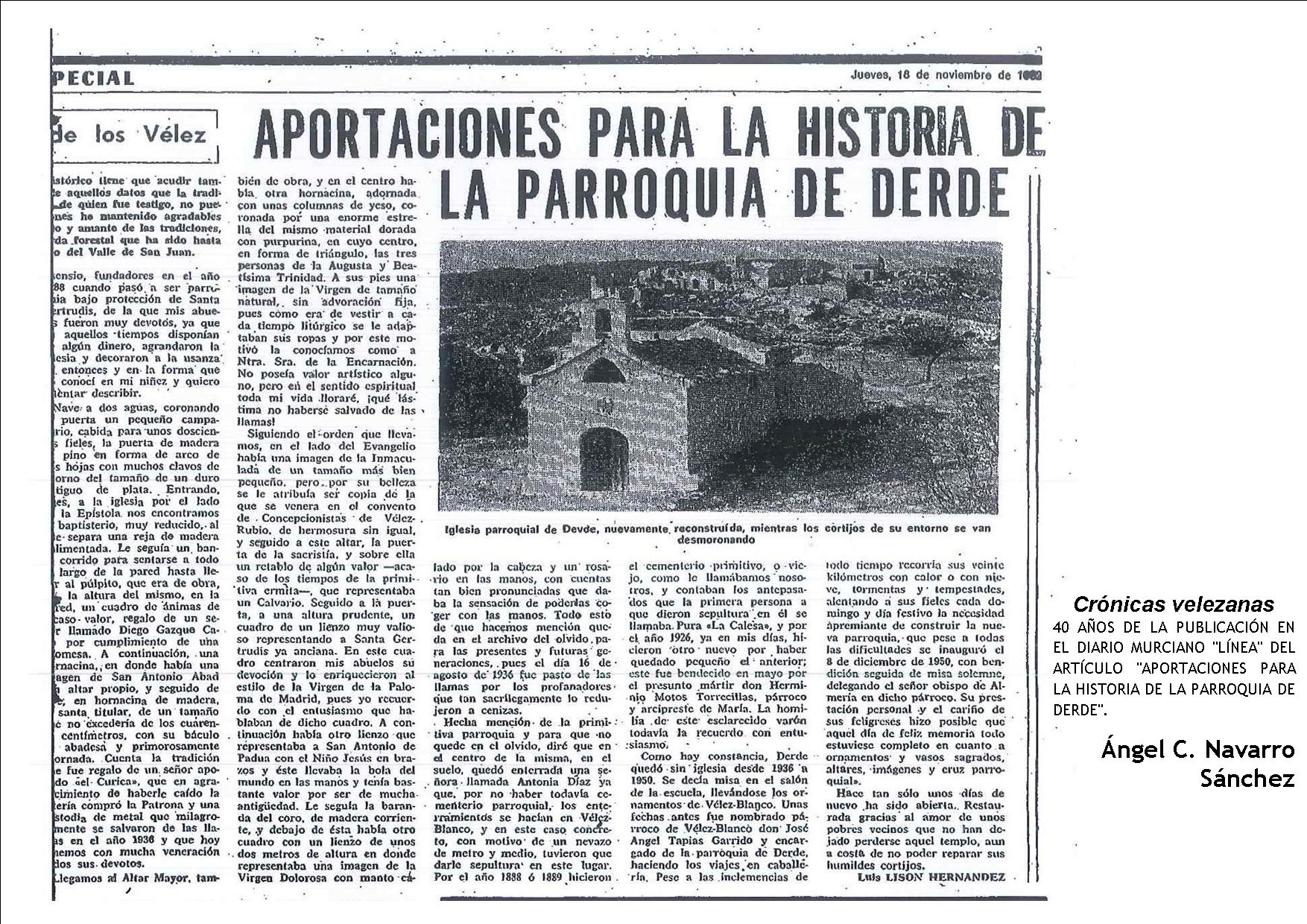 40 AÑOS DE LA PUBLICACIÓN EN EL DIARIO MURCIANO «LÍNEA» DEL ARTÍCULO «APORTACIONES PARA LA HISTORIA DE LA PARROQUIA DE DERDE».