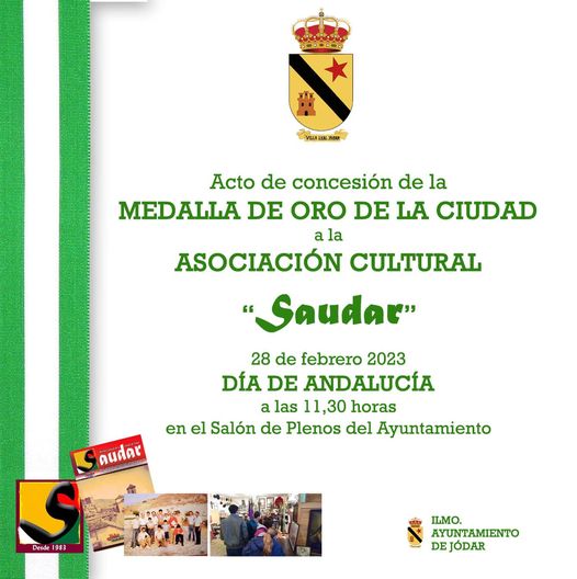 MEDALLA DE ORO DE LA CIUDAD DE JÓDAR A LA ASOCIACIÓN CULTURAL «SAUDAR»