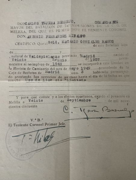 CRÓNICA: LA MILI DE UN VALDEPIELAGUEÑO EN 1949.(MACARIO GONZÁLEZ)  (y II)