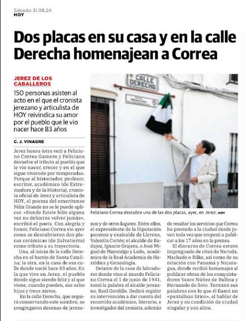 HOMENAJE A FELICIANO CORREA, CRONISTA OFICIAL DE JEREZ DE LOS CABALLEROS